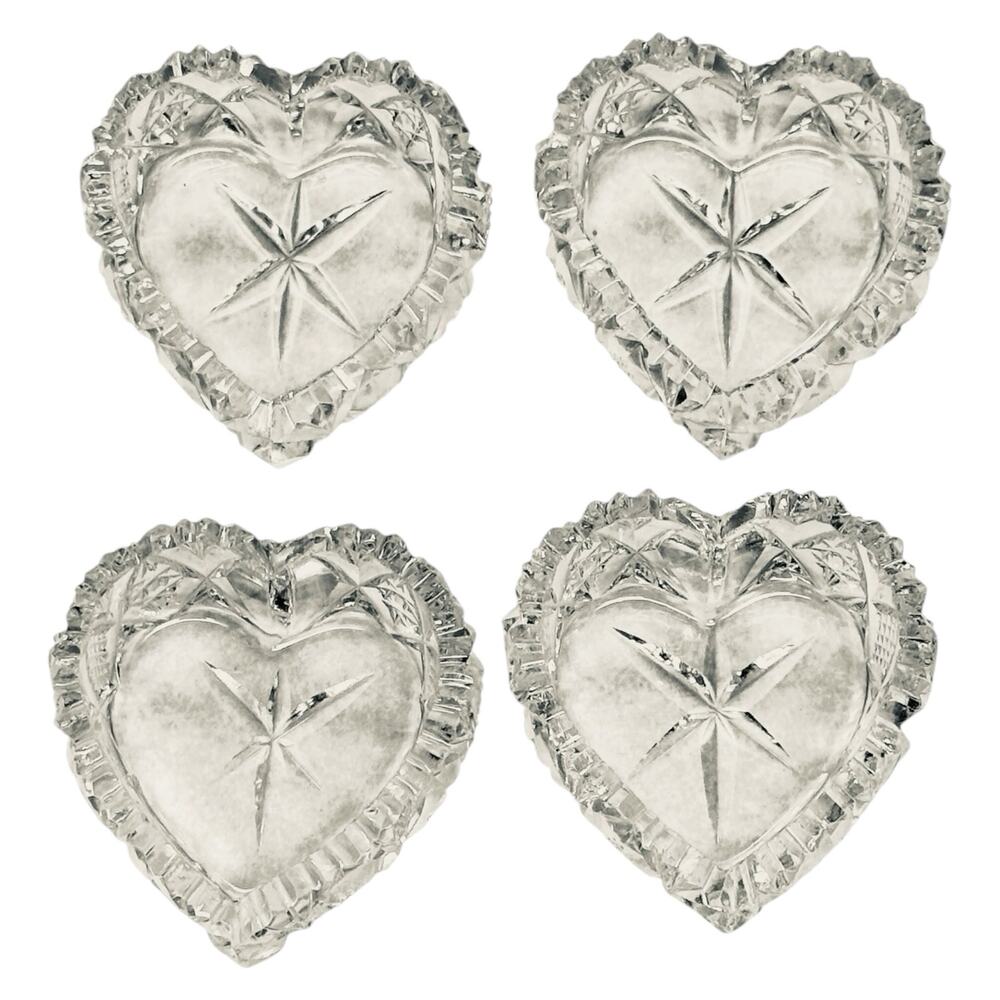 4 Vintage American Brilliant Cut Glass Heart Open Salt Dips Jewel Heart